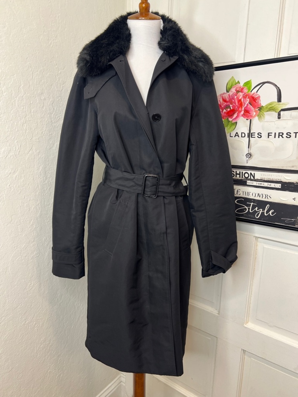 Lauren Ralph Lauren Black Nylon Trench Coat w/Faux Fur Collar S